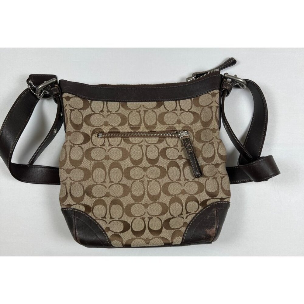 Coach Women Medium Signature Monogram Canvas Leather Trim Shoulder Bag Brown